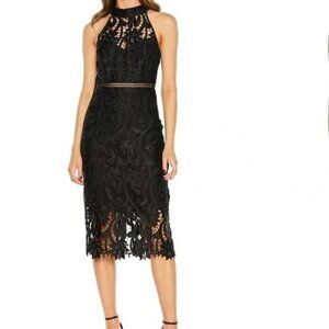 Bardot Black Lace Halter Midi Womens Dres Size 6 Sheath Overlay Open Back